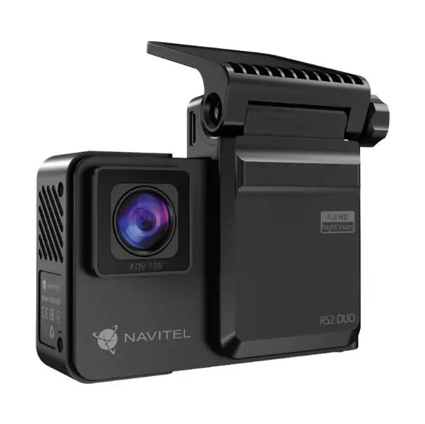 Navitel RS2 DUO DVR <br/> Видеорегистратор NAVITEL RS2 DUO — это современный двухканальный видеорегистратор, подходящий для самого широкого круга пользователей, в том числе для использования в такси, каршеринге и коммерческом транспорте. <br />
  <br />
•  2 камеры — фронтальная и салонная <br />
 NAVITEL RS2 DUO оснащен двумя широкоугольными Full HD камерами, позволяющими одновременно фиксировать обстановку и на дороге, и все происходящее в салоне автомобиля. <br />
  <br />
•  Салонная камера с ИК-подсветкой <br />
 Салонная камера NAVITEL RS2 DUO оснащена ИК-светодиодом, передающим инфракрасное излучение, практически невидимое человеческому глазу. Чувствительная матрица распознает такое излучение и, благодаря этому, съемка салона автомобиля может производиться даже в полной темноте. <br />
  <br />
•  Технология WDR <br />
 С технологией WDR видеорегистратор может вести съемку в любых, даже очень сложных, условиях освещенности. Устройство автоматически регулирует все основные характеристики съемки, корректируя экспозицию там, где это необходимо, что позволяет получить четкое, детализированное и яркое изображение, на котором легко можно будет рассмотреть дорожные знаки, лица прохожих, разметку, автомобильные номера и т.д. <br />
  <br />
•  Магнитное крепление <br />
 Достаточно поднести устройство к держателю, и сильный магнит надежно зафиксирует его на месте. Видеорегистратор абсолютно свободен от проводов, так как зарядное устройство подключается к кронштейну-держателю. <br />
  <br />
 Для просмотра и редактирования видео и фото-файлов c видеорегистратора на компьютерах на базе ОС Windows используйте программу Navitel DVR Player. <br />
  <br />
 - Диагональ экрана: 2″ <br />
 - Разрешение экрана: 320х240 <br />
 - Тип экрана: IPS <br />
 - Сенсорный экран: нет <br />
 - Предупреждения SPEEDCAM: нет <br />
 - Сенсор фронтальной камеры: SONY STARVIS (Night Vision) <br />
 - Сенсор салонной камеры: SONY STARVIS (Night Vision) <br />
 - Угол обзора фронтальной камеры: 136° <br />
 - Угол обзора салонной камеры: 143° <br />
 - Материал линз: стекло <br />
 - Разрешение видео фронтальной камеры: Full HD 1920х1080 <br />
 - Разрешение видео салонной камеры: Full HD 1920х1080 <br />
 - Способ крепления фронтальной камеры: на лобовое стекло на кронштейн с 3М-скотчем, магнитное <br />
 - Способ крепления салонной камеры: несъемная камера, встроена в корпус видеорегистратора <br />
 - ИК-подсветка салонной камеры: есть <br />
 - Количество камер: 2 <br />
 - Возможность подключения задней камеры: нет <br />
 - GPS модуль: нет <br />
 - Цифровой спидометр: нет <br />
 - Процессор: NTK96675 <br />
 - Тип используемых карт памяти: microSD <br />
 - Максимальный объем карты памяти: 256 ГБ <br />
 - Циклическая запись: есть <br />
 - Датчик удара (G-сенсор): есть <br />
 - Настройка через приложение Navitel DVR Center: нет <br />
 - Тип батареи: Li-Pol <br />
 - Ёмкость аккумулятора: 240 мАч, 3.7 В <br />
 - Разъем питания: mini-USB <br />
 - Питание: 5 В, 1 A <br />
 - Подача питания: к держателю <br />
 - Длина провода АЗУ: 340 см <br />
 - Wi-Fi: нет <br />
 - Встроенный микрофон: да <br />
 - Крепление к держателю: магнитное <br />
 - Крепление на лобовое стекло: 3М-скотч <br />
  <br />