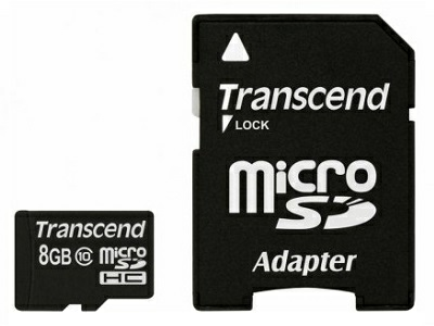 Карта памяти Micro SD 8Gb Transcend Class 10 с адаптером SD