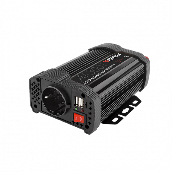 Artway AI-3001 <br/> Преобразователь напряжения Artway AI-3001 — устройство для преобразования входного постоянного напряжения 12В в переменное напряжение 220В 50 Гц на выходе. <br />
  <br />
 ВНИМАНИЕ: выходная волна - модифицированный синус! <br />
  <br />
 Евророзетка предназначена практически для всех бытовых приборов <br />
 Встроенный USB порт <br />
 Питает цифровую, бытовую технику, освещение и другие приборы <br />
 Защита от понижения входного напряжения, перегрузки <br />
 Защита от перегрева и короткого замыкания <br />
 Компактные габариты и малый вес. <br />
  <br />