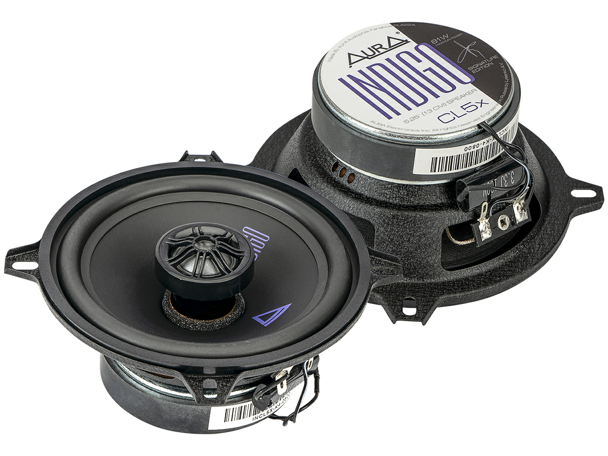 Акустика коаксиальная Aura INDIGO-CL5X. 13 см (5 дюйм.), Мощность динамиков 41 Вт (номинальная), 81 Вт (максимальная).