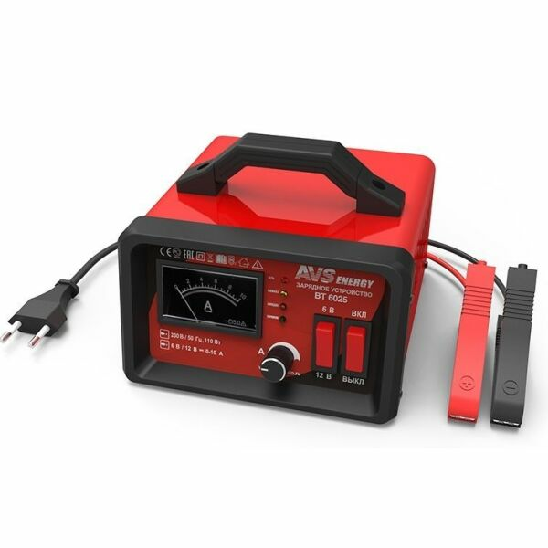 AVS Energy BT-6025 (10A) <br/>Зарядное устройство для автомобильного аккумулятора AVS Energy BT-6025.<br />
<br />
 - Напряжение зарядки: 6В/12В<br />
 - Ток зарядки: 0-10 А<br />
 - Емкость заряжаемого аккумулятора: 5–100 Ач<br />
 - Защита от неправильной полярности<br />
 - Защита от короткого замыкания<br />