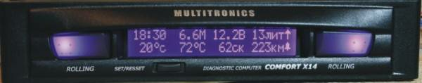 Multitronics Comfort Х14 Многоцветные мультидисплейные маршрутные компьютеры "COMFORT Х15,Х14" (512 цветов)  предназначены для установки в а/м ВАЗ 2108, 2109, 2199,2114, 2115
Основной особенностью данного прибора является возможность устанавливать произвольный цвет подсветки индикатора, а также приборы обладают расширенным набором функций. 
Маршрутный мультидисплейный компьютер "COMFORT Х14" содержит  блок полифонических мелодий  и речевого информатора: голосовое сопровождение названия всех параметров, проговаривание численных значений всех параметров, все предупреждения голосом, полифонические мелодии.

Основные особенности прибора:
1. RGB дисплей произвольного цвета (512 цветов).
2. 8 параметров на дисплее одновременно.
3. 3 программируемых мультидисплея пользователя.
4. Тест и оценка емкости аккумулятора.
5. Режим сушки свечей "Горячий запуск".
6. Автоматическая/ручная установка протокола.
7. Выход управления внешними устройствами.
8. Два универсальных программируемых таймера.
9. Смена 8-и параметров одним касанием.
10. Коррекция температуры включения вентилятора.
11. Уровень топлива в баке с датчика уровня топлива или с ЭБУ.
12. Код идентификации пользователя (PIN-код).***
13. Мультидисплей "Сутки" с расчетом стоимости поездки.
