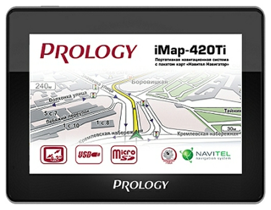 Prology iMap-560TR автомобильный навигатор со встроенным видеорегистратором цветной сенсорный дисплей 5" разрешение 480x272 пикс. ПО: Навител 