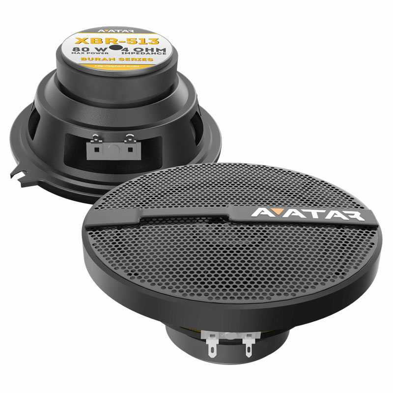 Акустика коаксиальная Avatar XBR-513. 13 см (5 дюйм.), Мощность динамиков 40 Вт (номинальная), 80 Вт (максимальная).