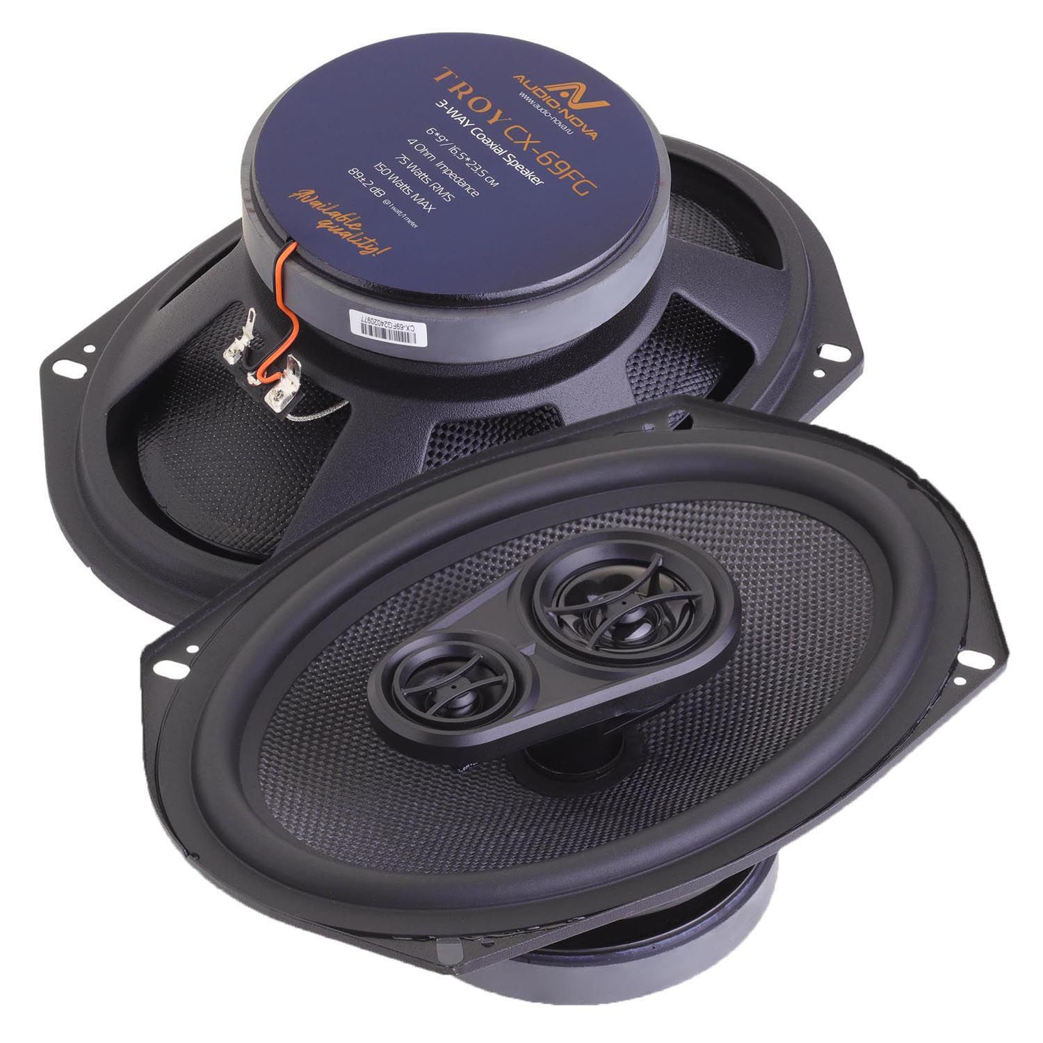 Акустика коаксиальная AUDIO NOVA TROY CX-69FG. овальный 15x23 см (6x9 дюйм.), Мощность динамиков 75 Вт (номинальная), 150 Вт (максимальная).